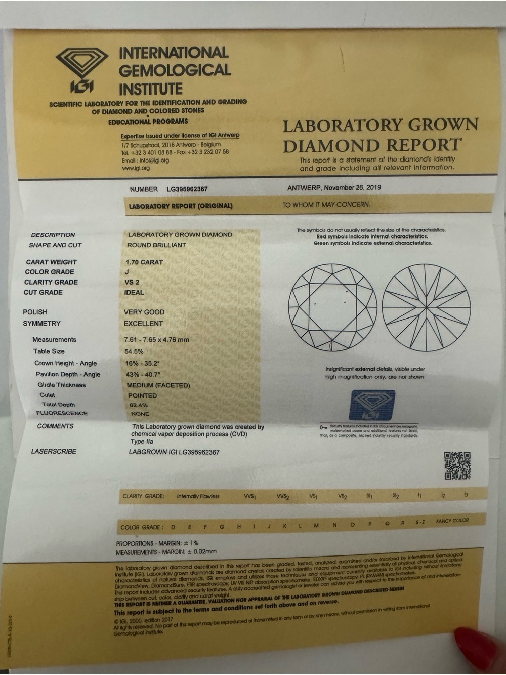 1.70 CT IGI Certified Lab Grown Diamond | Round Brilliant | Ideal Cut | VS2